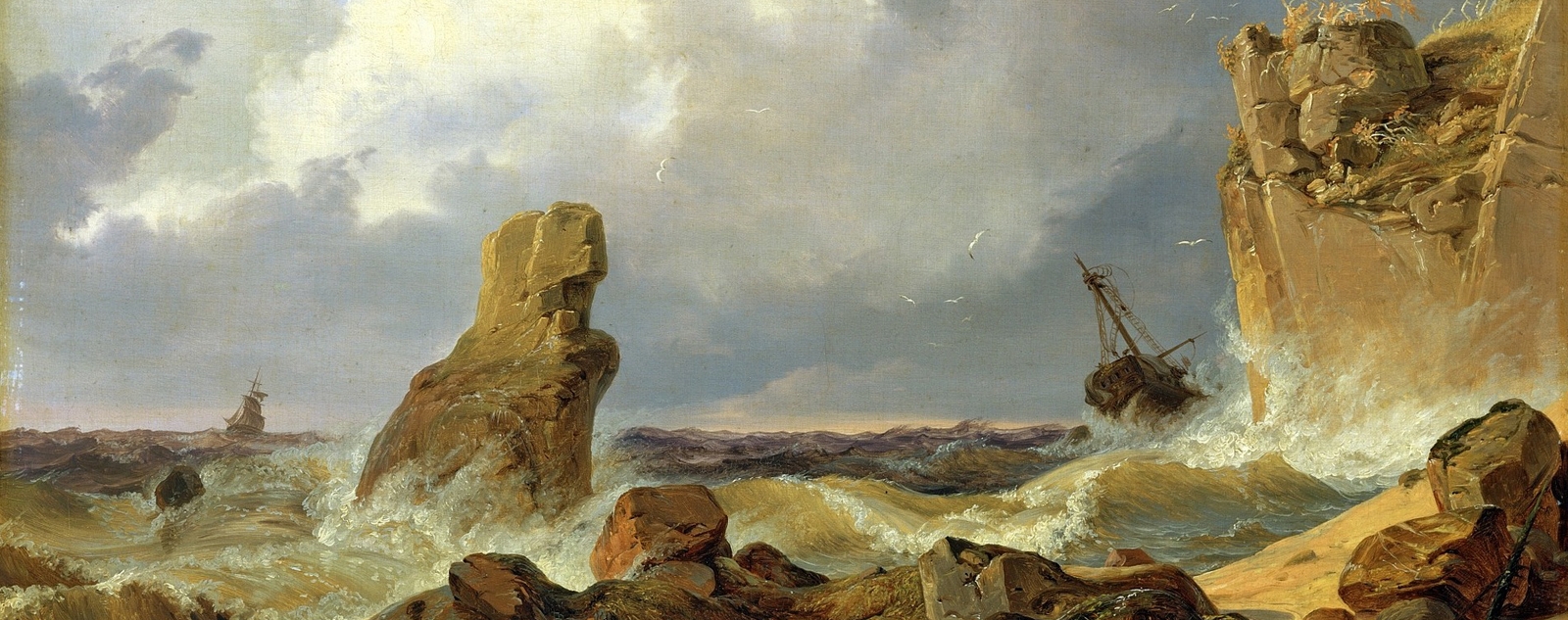 painting of a shipwreck on a rocky coast